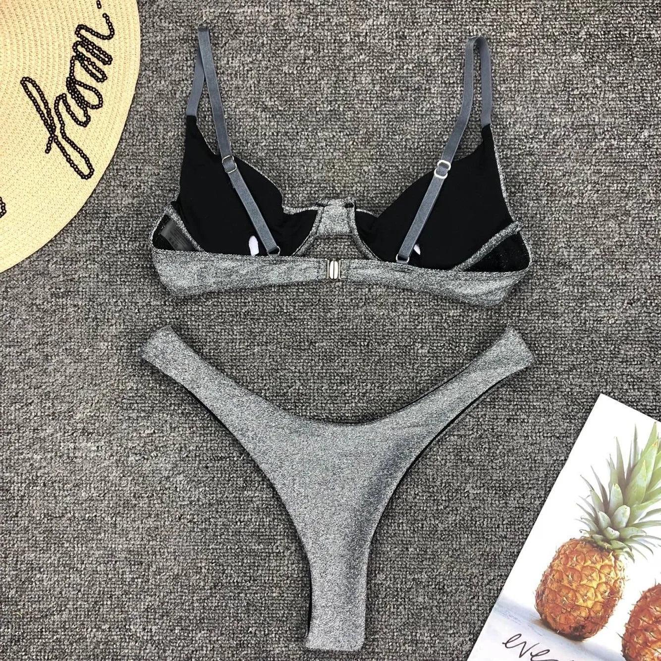 Sexy Silver Glitter Bikini 2022 Swimwear Women Push Up Cut Out Underwire Thong Swimsuit Summer Brazilian Bathing Suit Biquini LUXLIFE BRANDS