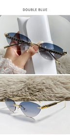 New Cat Eye Rivet Rimless Sunglasses Women Luxury Fashion Brand Oval Narrow Sun Glasses Shades Trendy Elegant Unique Eyewear Luxlife Brands