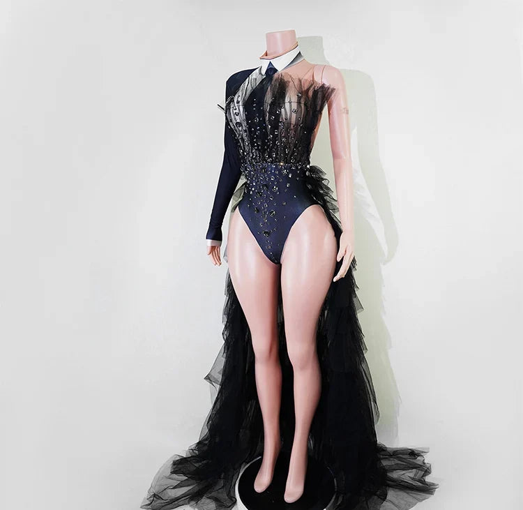 Black Rhinestone One-Shoulder Bodysuit & Trailing Tulle Train Stage Costume Set