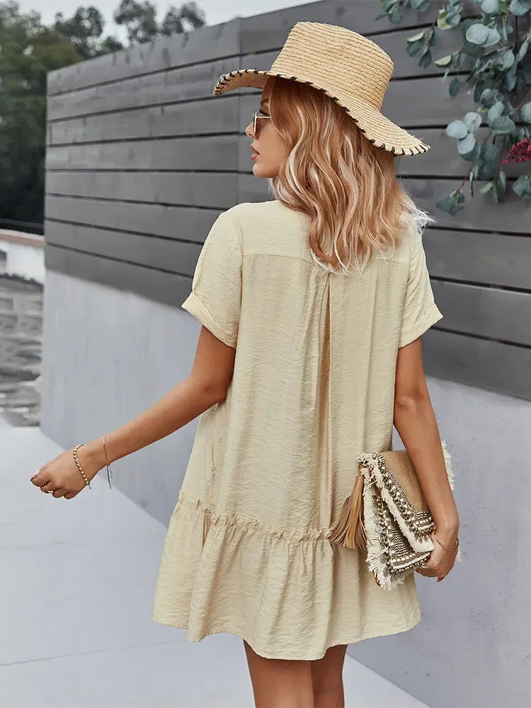 Solid Short Dress Women V Neck Single Breasted Loose A Line Dress For Spring Summer LUXLIFE BRANDS