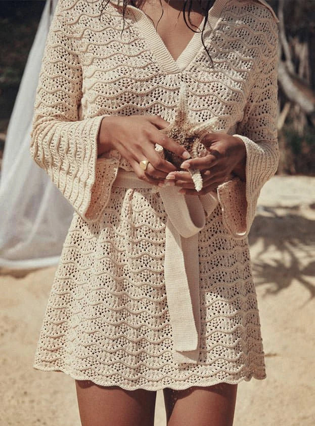 Sexy Shirt V-neck Bell Sleeve Hollow Out Knitted Belted Beach Mini Dress 2025 Summer Swimsuit Cover Up Women's Casual Outfit K16 Luxlife Brands