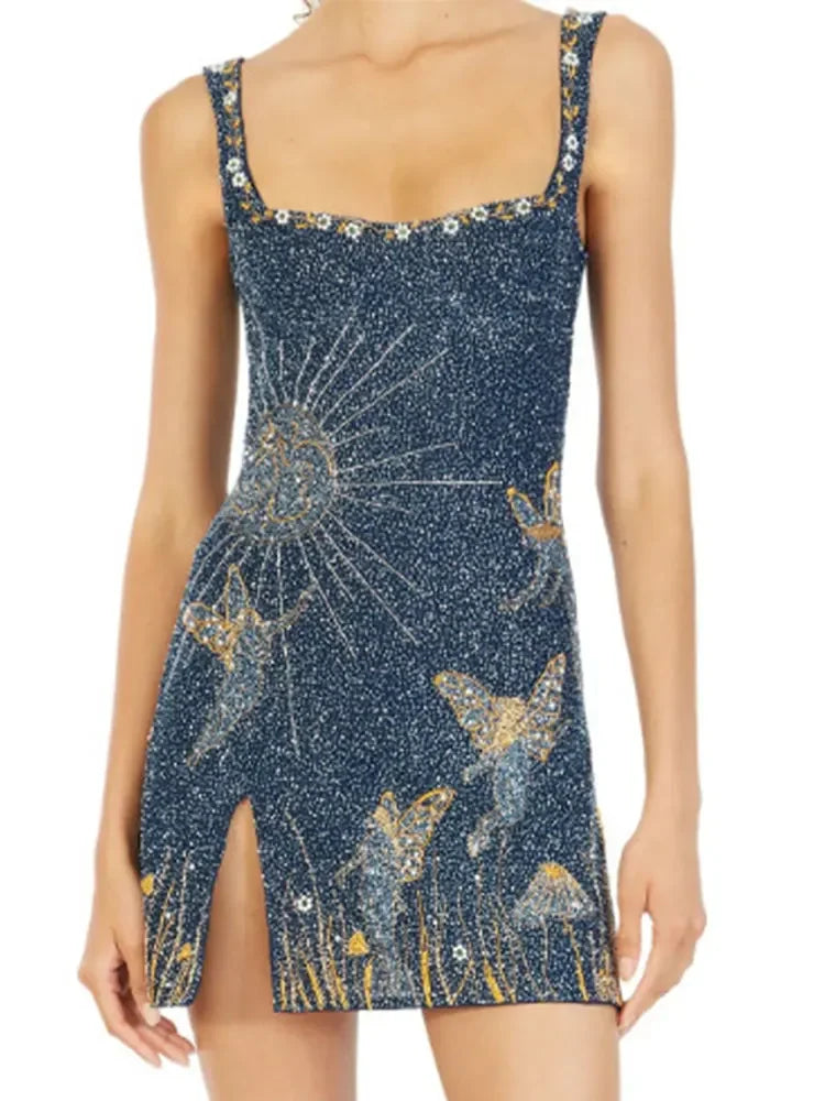Fashion Square Neck Printed Slim Mini Dress Women Chic Split Sleeveless Backless Strap Dresses Summer Lady High Street Vestidos Luxlife Brands