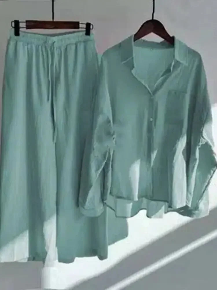 2023 Cotton Linen Women's Pijamas Set Sweatshirt Loose Sleepwear Women's 2pcs Long Sleeve Pants Set Retro Oversize Suit Pockets