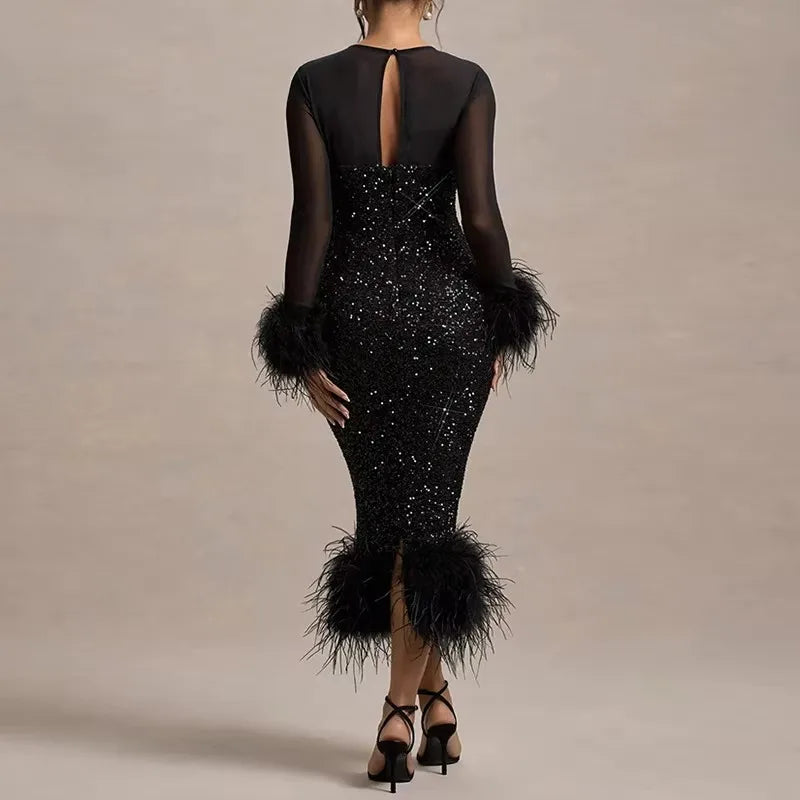 LUX Elegant Feather Maxi Dress