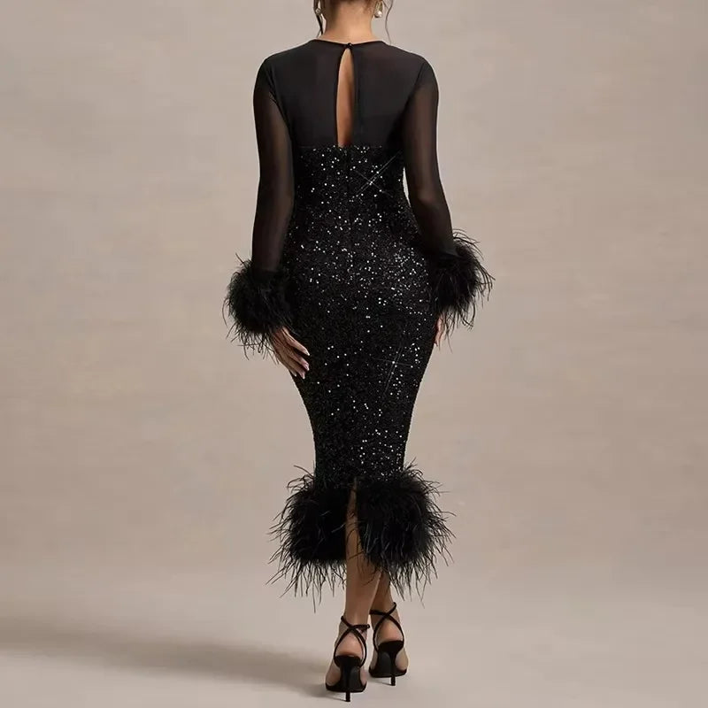 LUX Shimmer Feather Maxi Dress
