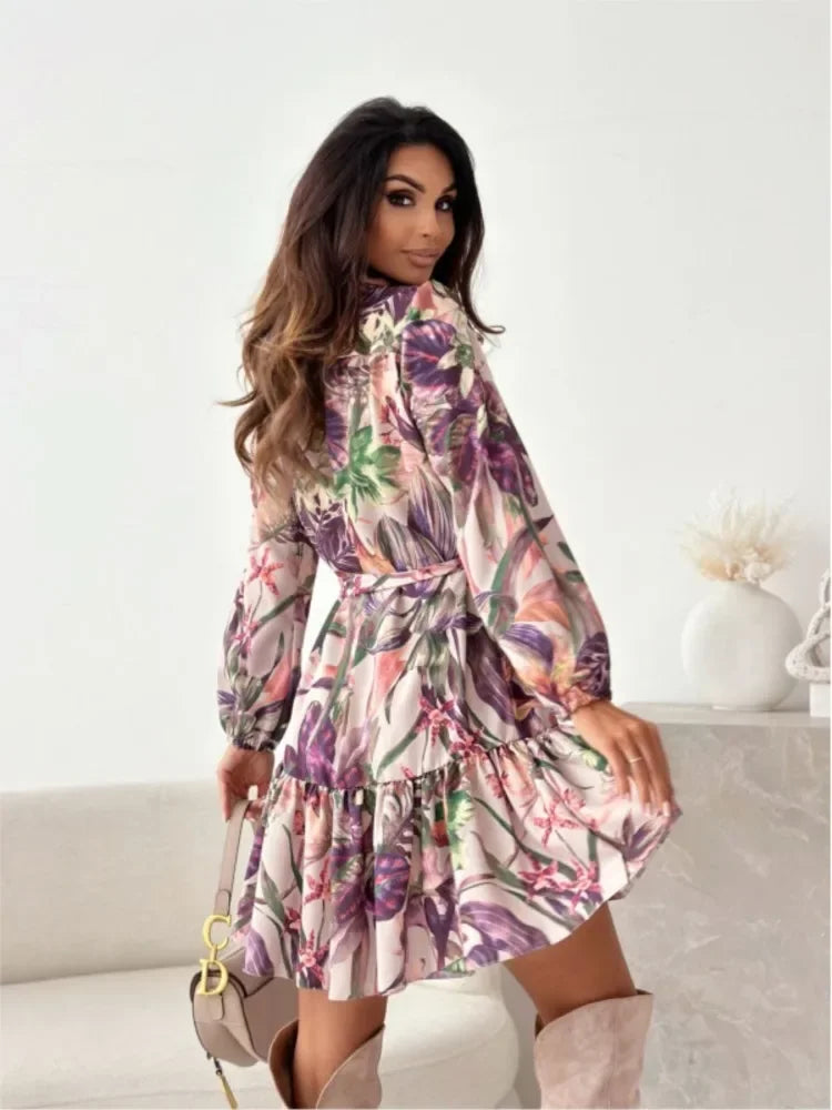 Fashion Floral Print Shirt Dress Women 2023 Autumn Long Sleeve Elegant Office Ladies Clothes V-neck Lace Up Dresses For Women's - LUXLIFE BRANDS