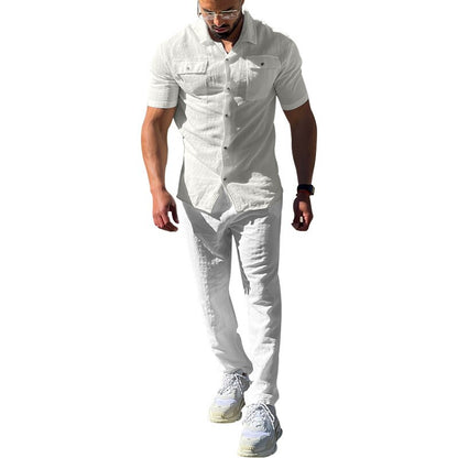 Fashion Streetwear Cotton Linen Two Piece Sets Lapel Short Sleeve Shirt Long Pants Men Suits Summer Solid Loose Man Outfits