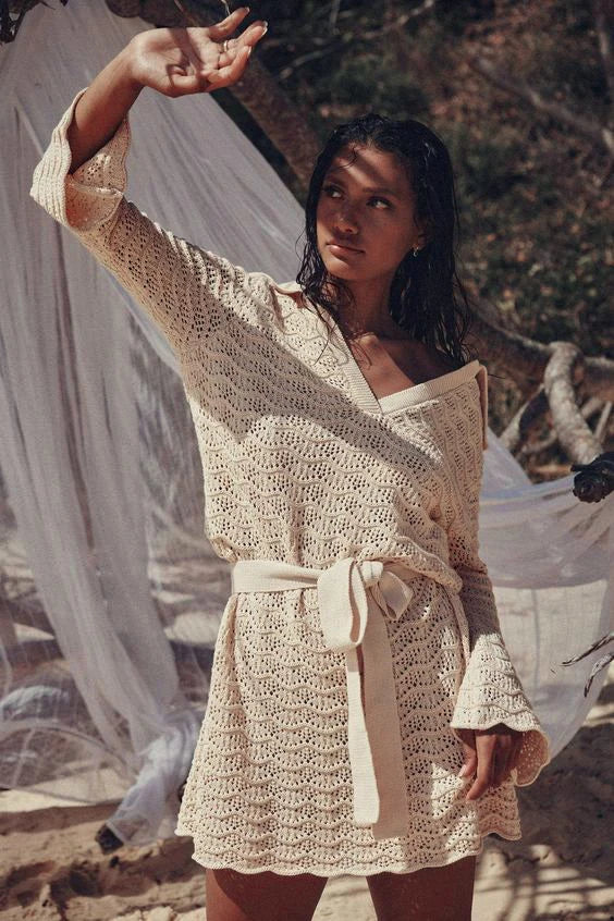 Sexy Shirt V-neck Bell Sleeve Hollow Out Knitted Belted Beach Mini Dress 2025 Summer Swimsuit Cover Up Women's Casual Outfit K16 Luxlife Brands