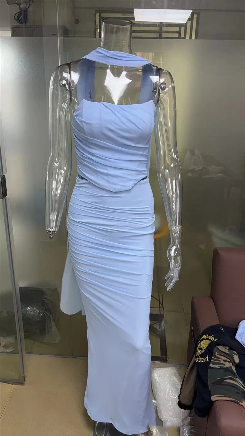 Mozision Wine Red Sexy Two Piece Sets Women Neckerchief Strapless Crop Tops And Maxi Skirt Sets Club Party Skirt Two Piece Sets Luxlife Brands