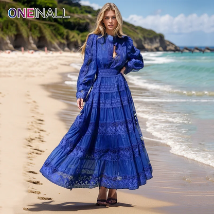 ONEINALL Embroidery Elegant Maxi Dress For Women Round Neck Long Sleeve High Waist Hollow Out Slimming Dresses Female Spring New