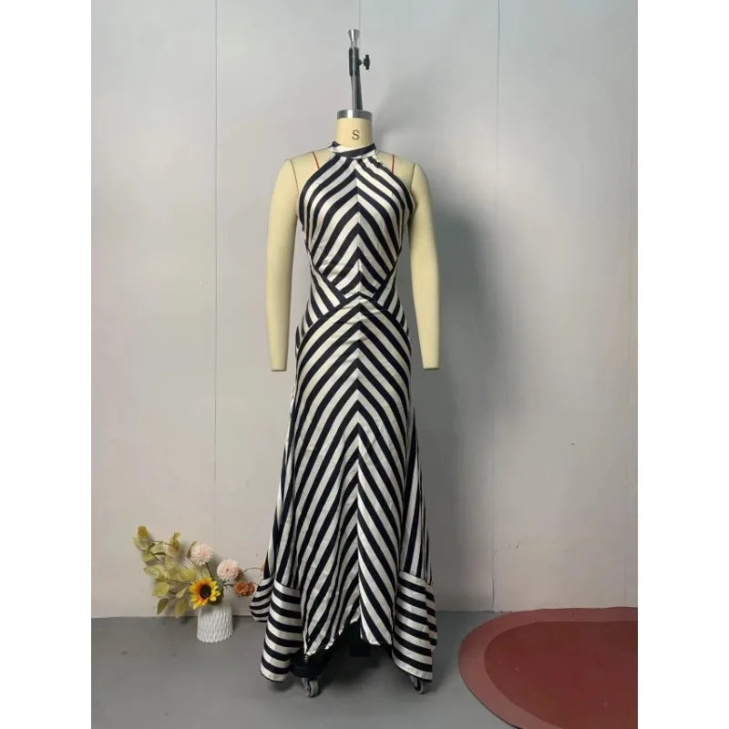 Summer Women Stripe Guest Mermaid Dress Elegant Halter Backless Corset Slim Cocktail Party Evening Celebrity Dress Prom Gown Luxlife Brands