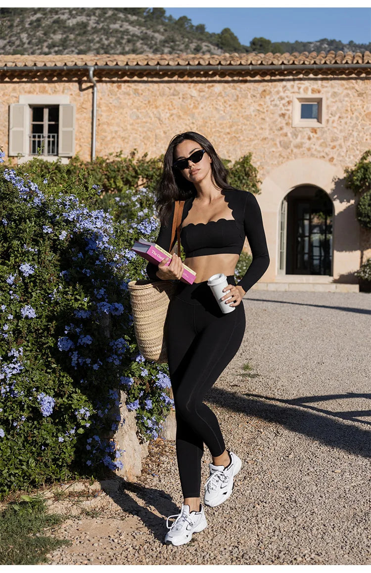 Black Square Neck Tight High Elastic Skinny Yoga Sports Long Sleeves Fashion Compression Pants Fitness Leggings Workout Tights