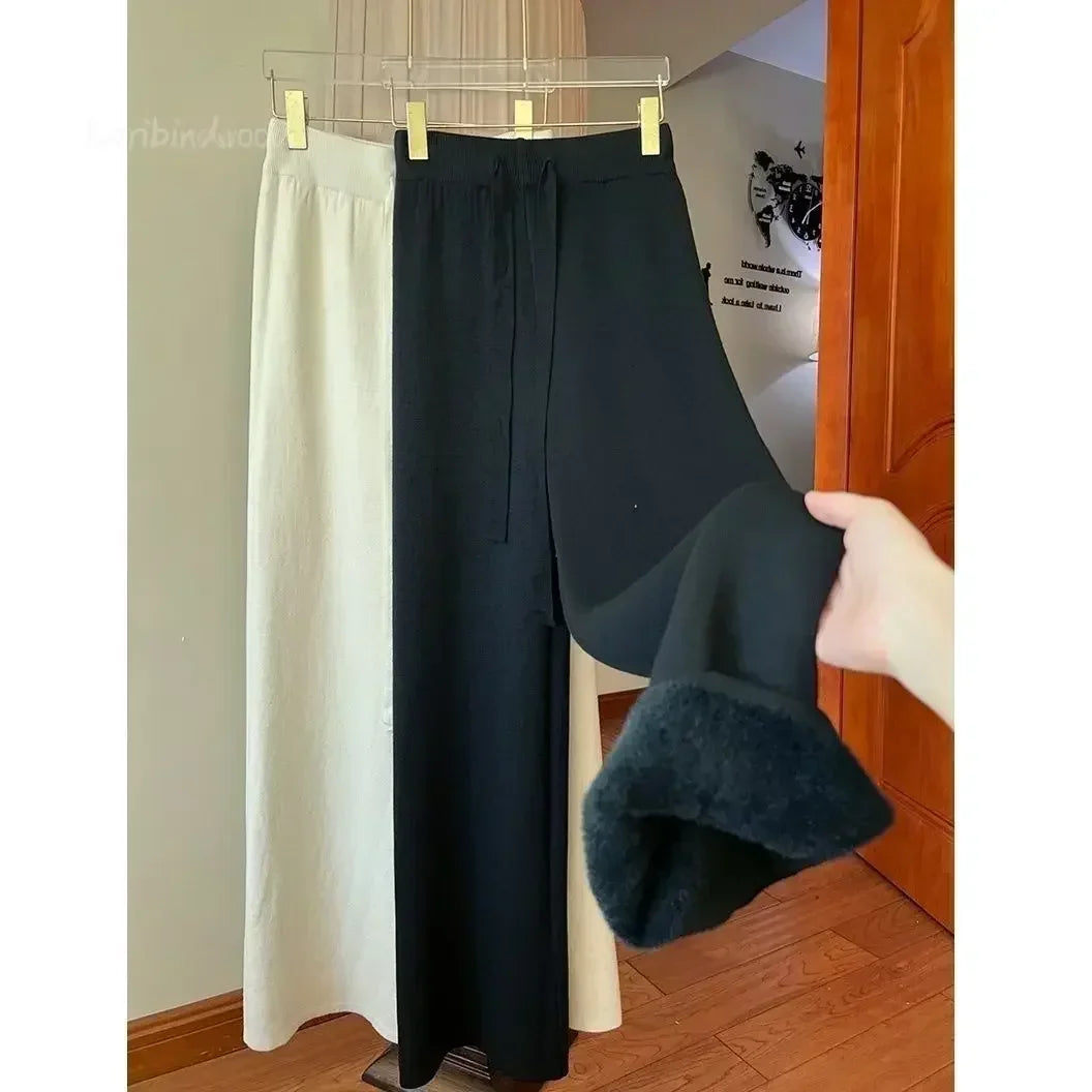 2023 Slim Simple Knit Wide-leg Pants Women's Autumn and Winter High-waisted Moped Pants Thick Casual Pants Straight Luxlife Brands