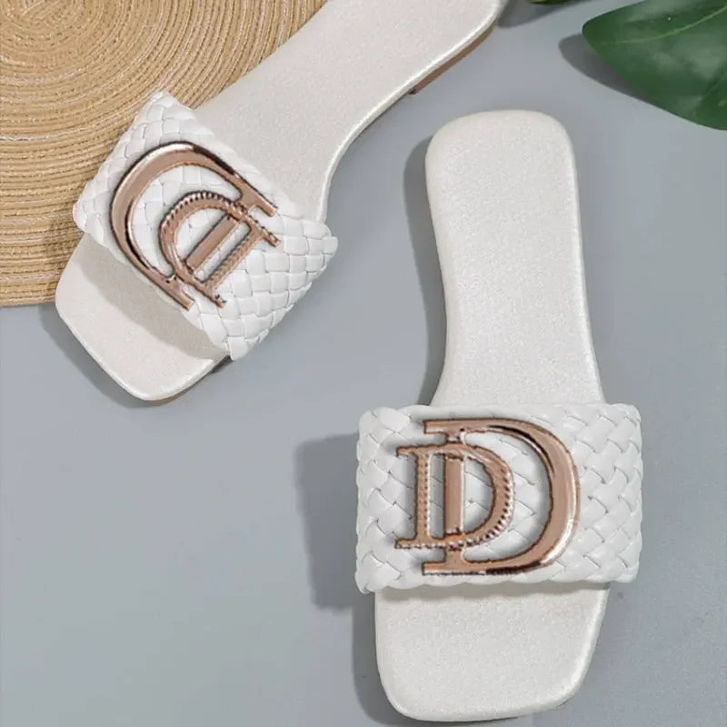 Women Luxury Decor Weave Design Flat Sandals Fashion Open-toe Vacation Casual Slides Party Sexy Elegant Office-Ladies New Shoes
