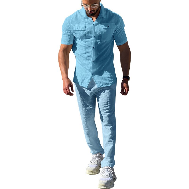 Fashion Streetwear Cotton Linen Two Piece Sets Lapel Short Sleeve Shirt Long Pants Men Suits Summer Solid Loose Man Outfits
