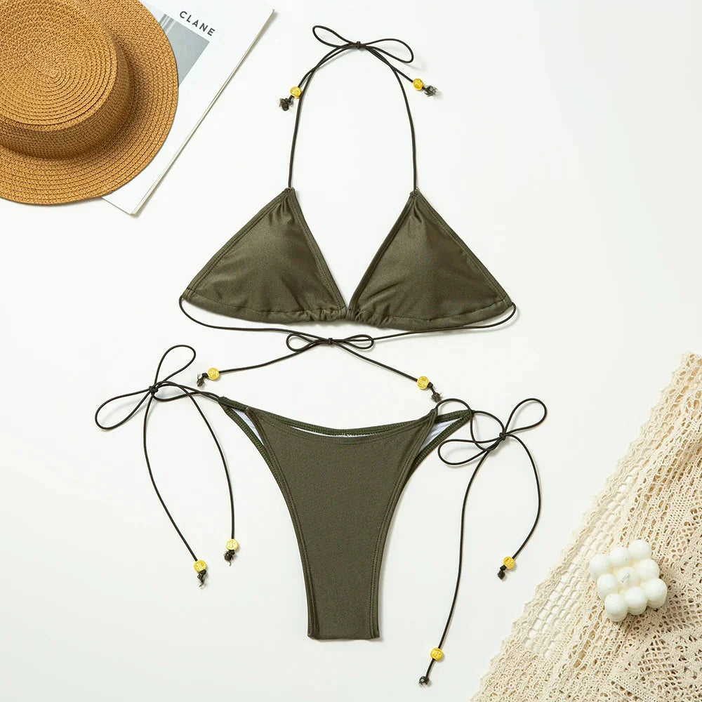 2025 Swimsuits Solid Color Bikini Set Bandage Swimwear Triangle Bathwear New Bathsuit Sexy Bikinis Women's Two Piece Suit Luxlife Brands