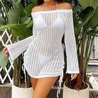 Fashion Style Beachwear Cover Up Knitting Sexy Hollow Out Short Dress Women's Summer Vacation See-Through Sunscreen Smock Dress
