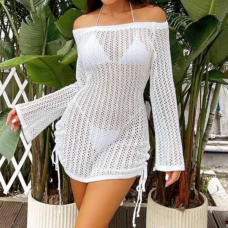 Fashion Style Beachwear Cover Up Knitting Sexy Hollow Out Short Dress Women's Summer Vacation See-Through Sunscreen Smock Dress