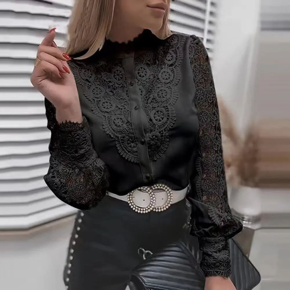 Women Sexy White Lace Patchwork Hollow Out Shirt Blouse Long Sleeve O-Neck Mesh Tops 2023 Spring prink elegant Button Shirts