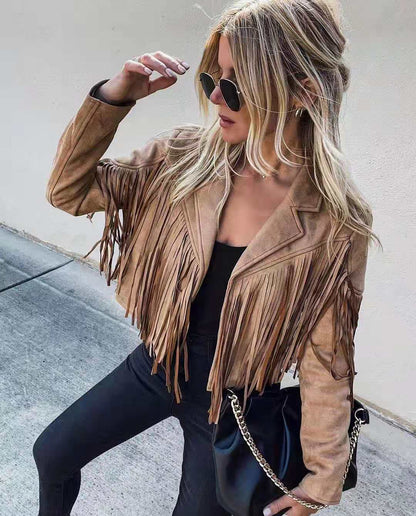 Women Y2k Fringed Hem Tassel Cardigan Crop Tops E-girl Motor Biker Jacket Suede Leather Jacket 90s Vintage Streetwear Coat Cool