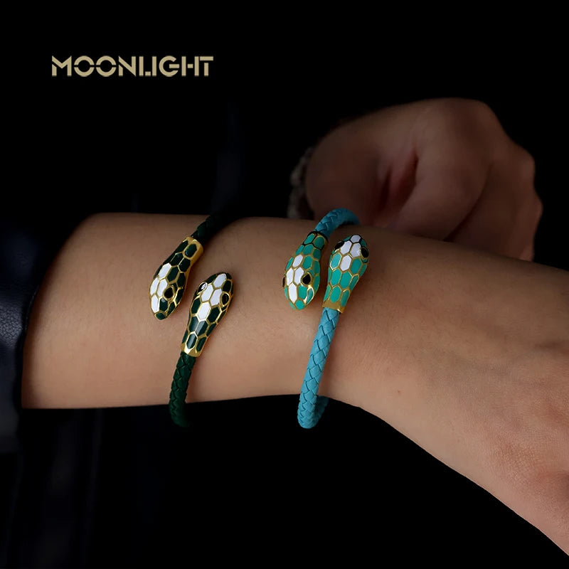 Double Snake Head Cuff Bangles Braided Leather