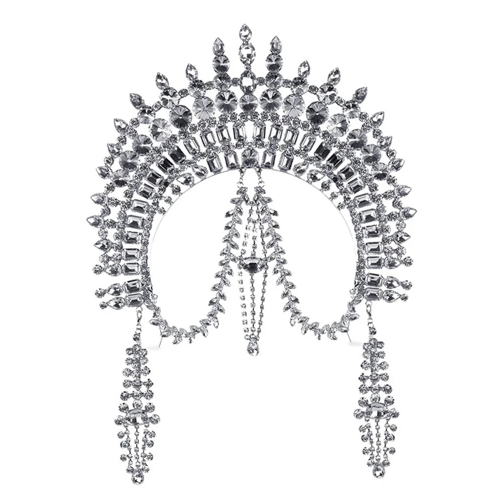 Exaggerated Rhinestone Tassel Crown Headpiece