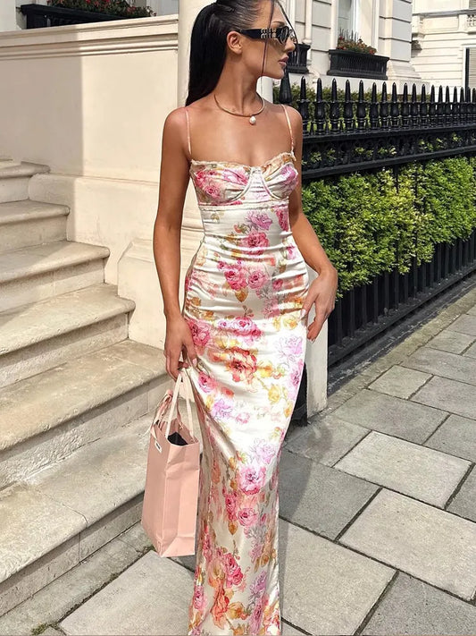 Suninheart Summer Spaghetti Strap Floral Print Party Dresses Elegant Maxi Bodycon Wedding Guest Holiday Dress New In Dress 2023 LUXLIFE BRANDS