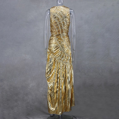 ONEINALL Fashion Gold Sequins Pleated Long Dress For Women Round Neck Sleeveless High Waist Slim Dresses Female Chic Clothes New