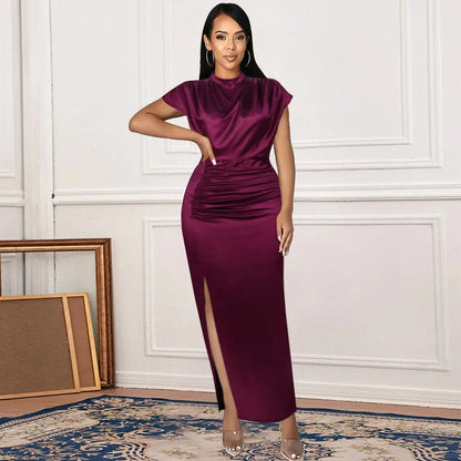 Women Dresses Summer 2023 Burgundy Green Satin Long Dress Elegant Ladies Evening Birthday Cocktail Party Pleated Gowns Outfits