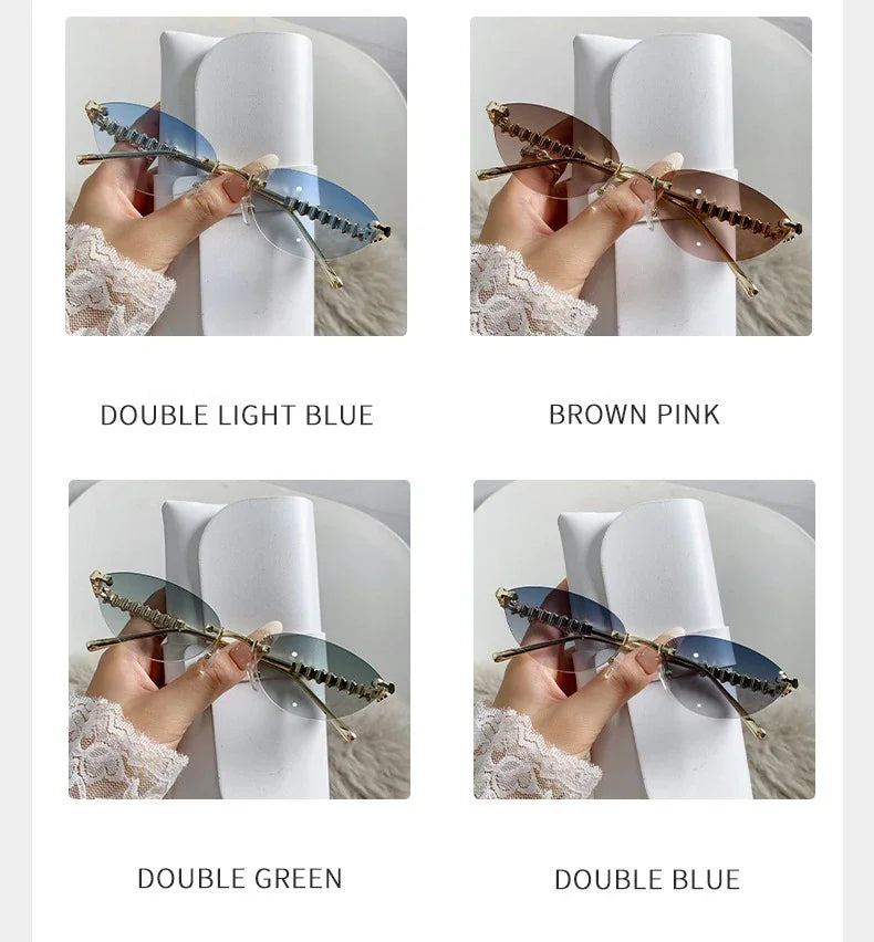 New Cat Eye Rivet Rimless Sunglasses Women Luxury Fashion Brand Oval Narrow Sun Glasses Shades Trendy Elegant Unique Eyewear