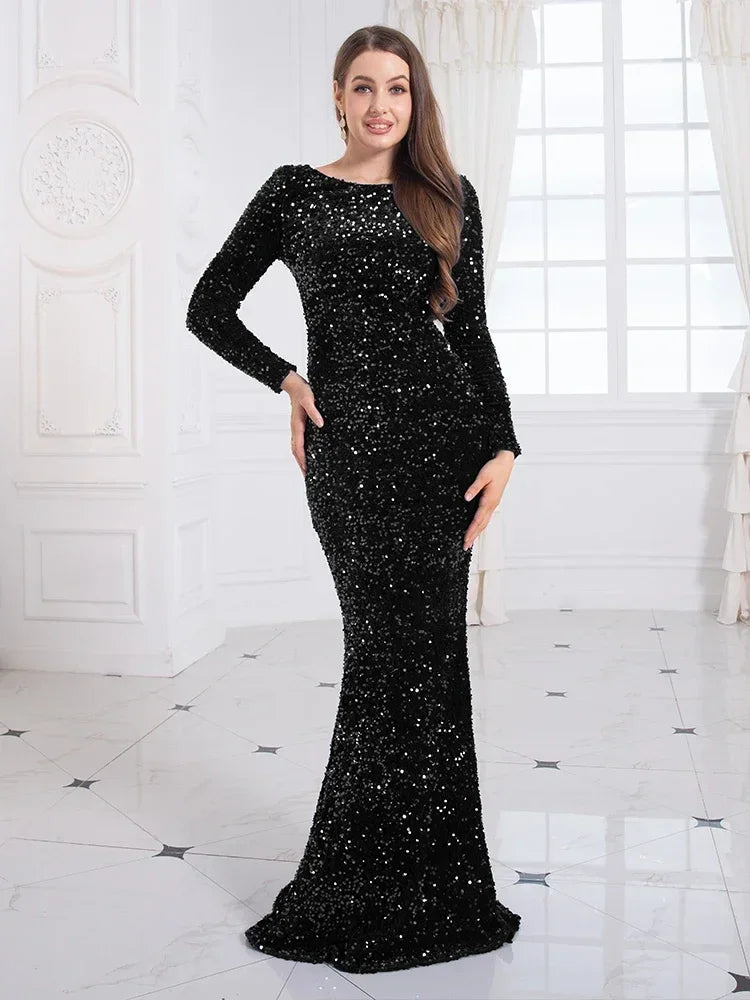 Kisscc Royal Blue Stretch Sequin Floor Length Evening Night Dress Full Sleeve Bodycon Black Mermaid Party Dress