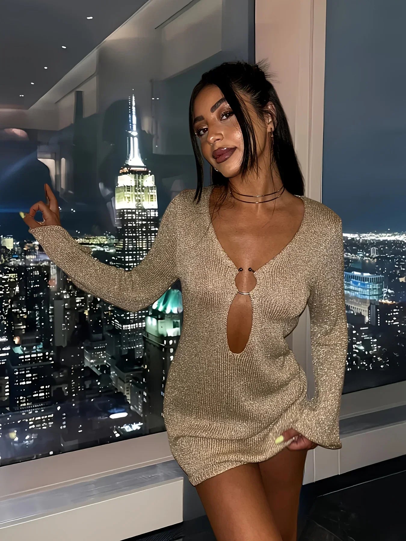 Sexy V Neck Flared Sleeve Slim Knitted Mini Dress 2024 Autumn / Winter Women's Elegant Long Sleeve Vacation Short Dresses A2917