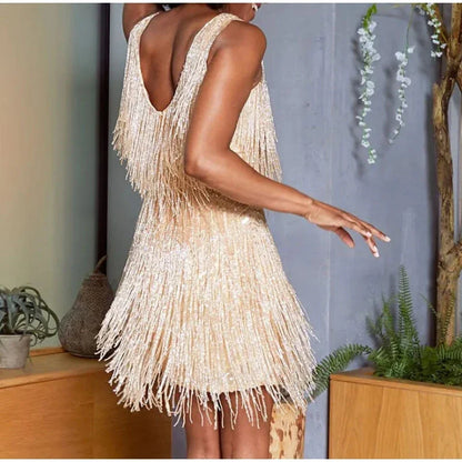 2024 Sexy Women's Fringed Sequin Feather Stitching Dress Summer Slim V-Neck Off Shoulder Dresses Female Backless Slip Mini Robe LUXLIFE BRANDS