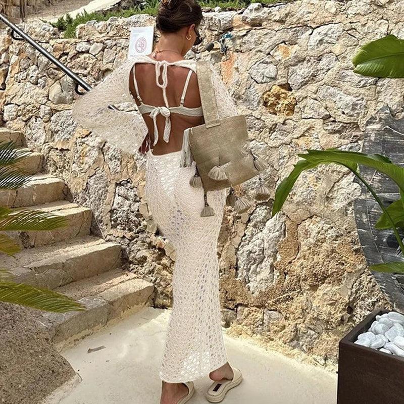 Women's Sexy Swimwear Cover Up Beach Crochet Covers Bikini Coverups Vacation Outfits with Mesh Sheer Maxi Dress For Beach Mujer