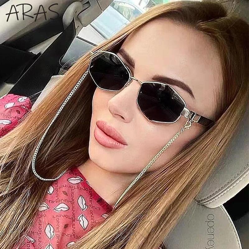 Trendy Retro Hexagon With Chain Sunglasses Women 2023 Brand Designer Unique Polygonal Sun Glasses For Female Small Frame Eyewear LUXLIFE BRANDS