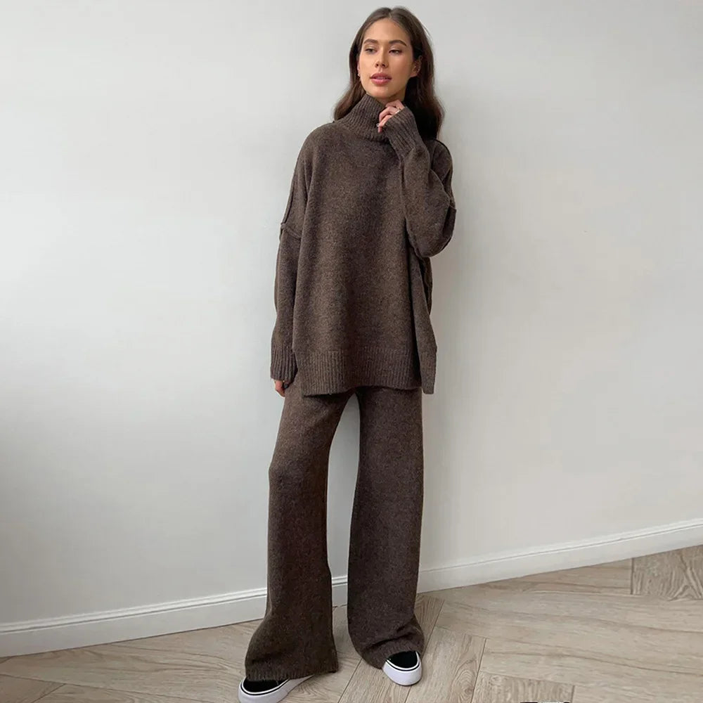 2025 turtleneck sweater set women's European, American autumn and winter new loose casual lazy thickened knitted trousers set