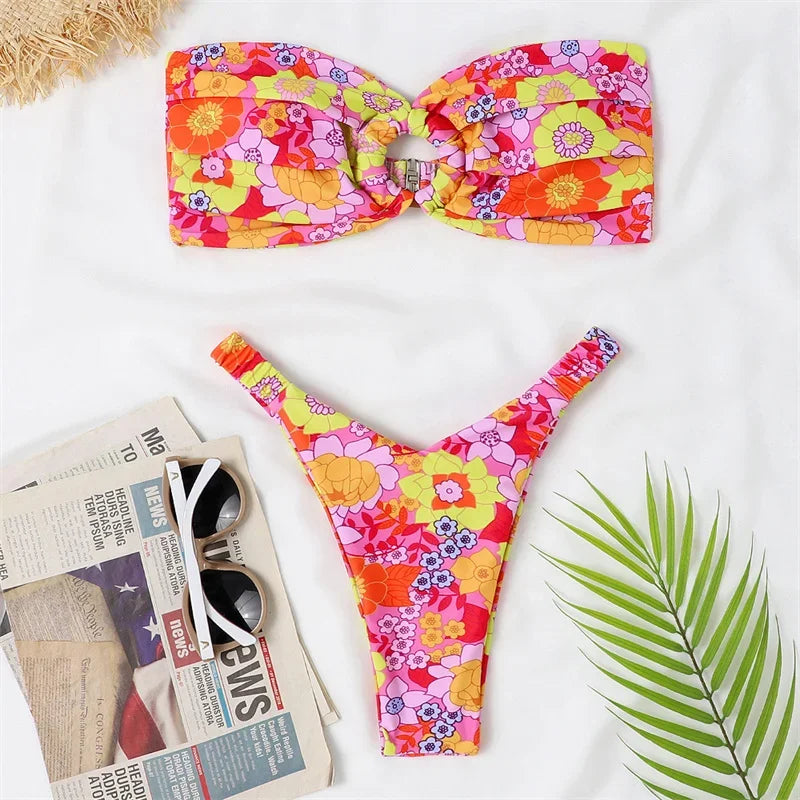 Para Praia Print Bandeau Swimsuit 2023 Sexy Thong Swimwear Women Brazilian Bikini Set Strapless Biquini Beachwear Bathing Suit LUXLIFE BRANDS