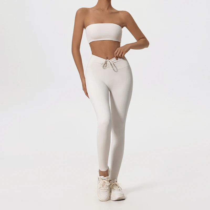 Ctenkevet Summer Women's Breathable Yoga Set Female High Waist Drawstring Sports Suit 2ps Women Fitness Wear Strapless Bra Woman