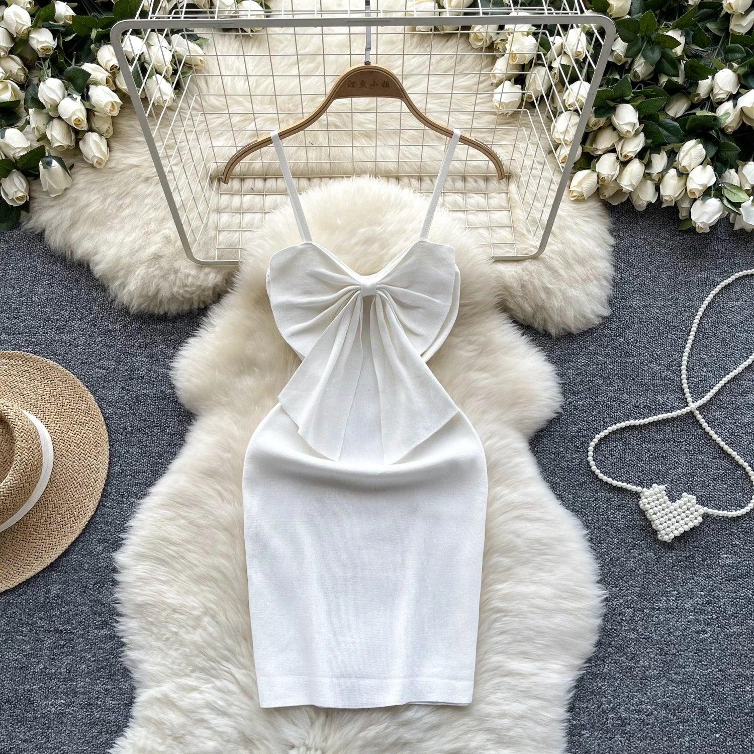 2024 Sexy Backless Lace Solid Knitted Bow Summer Dress Women Black Mini Party Dress Bodycon Sheath night Club Outfits