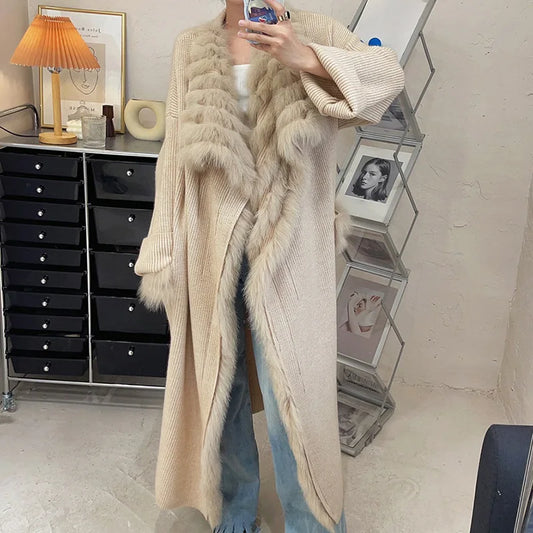 Lady Fashion Sweater Autumn Winter Long Coat 2023 Women's Knitted Cardigan Fox Fur Trim Belt LUXLIFE BRANDS