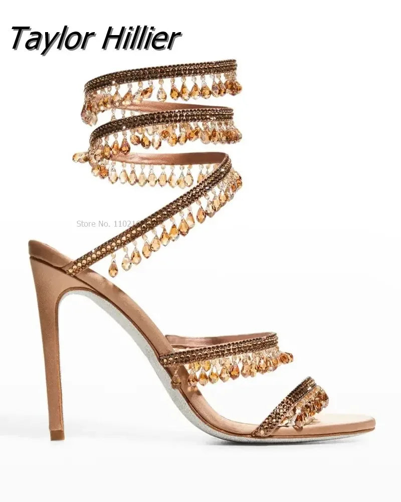 Rhinestone Snake Wrap Sandals Solid Designer Summer Shoes Open Toe Fringes Stiletto Heel Hollow Sandals Women Party Prom Fashion