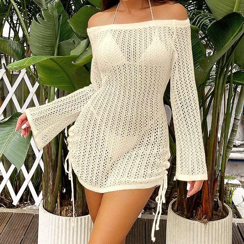 Fashion Style Beachwear Cover Up Knitting Sexy Hollow Out Short Dress Women's Summer Vacation See-Through Sunscreen Smock Dress