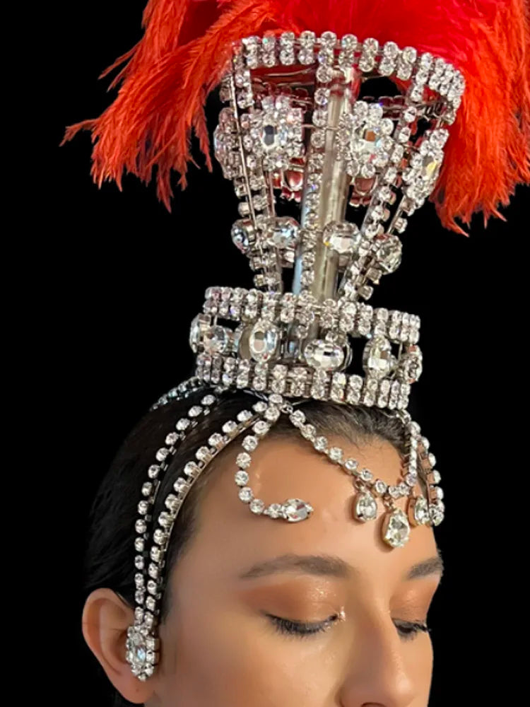 Crystal Rhinestone Ostrich Feather Headdress & Necklace Set