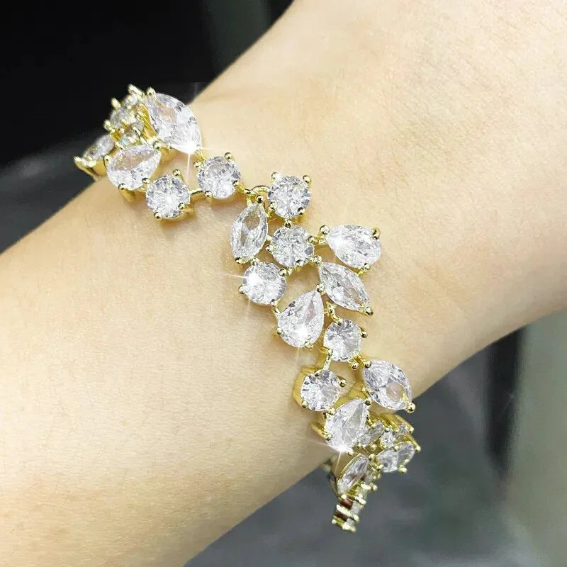 Uilz Luxury Leaf Shaped Bracelet White Gold Color AAA Cubic Zirconia Bracelets Gift for Women Prom Evening Party Jewelry LUXLIFE BRANDS