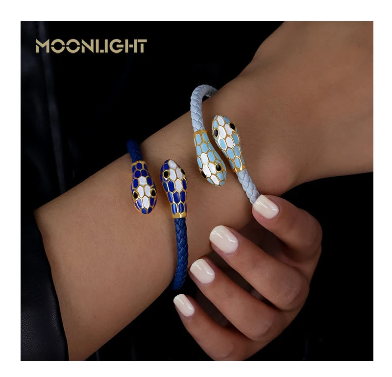 Double Snake Head Cuff Bangles Braided Leather