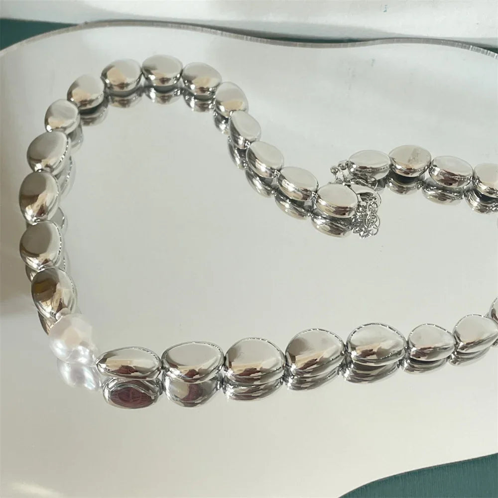Vintage Silver-plate Geometric Exaggerated Artificial Pearl Chain Necklace For Women Female Fashion Boho Y2K Girl Jewelry Gift Luxlife Brands