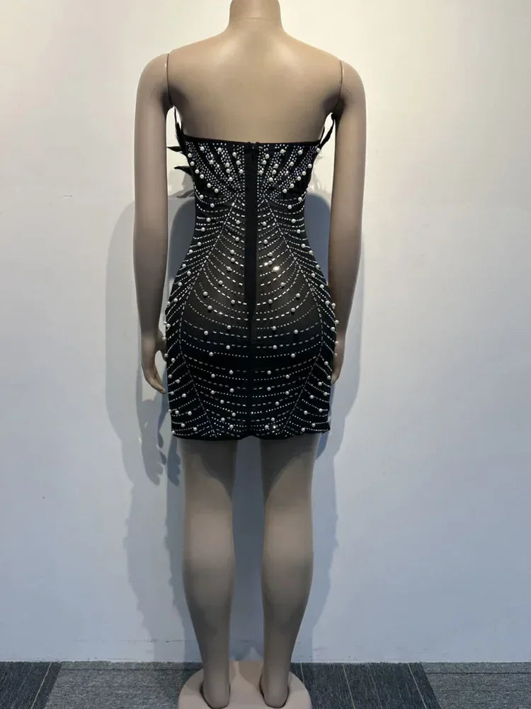 Beyprern Luxury Pearls Rhinestone Woman Evening Dress Gorgeous Feather Patchwork Dimonds Party Dress Birthday Outfits Clubwear LUXLIFE BRANDS