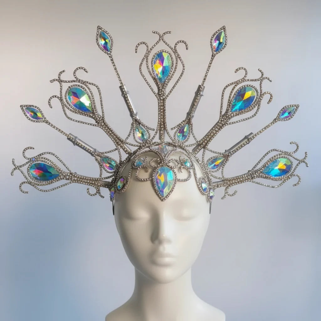 Luxury Peacock Rhinestone Statement Crown – Oversized Crystal Headpiece & Show-Stopping Hair Jewelry for Fashion Shows, Galas & Festivals