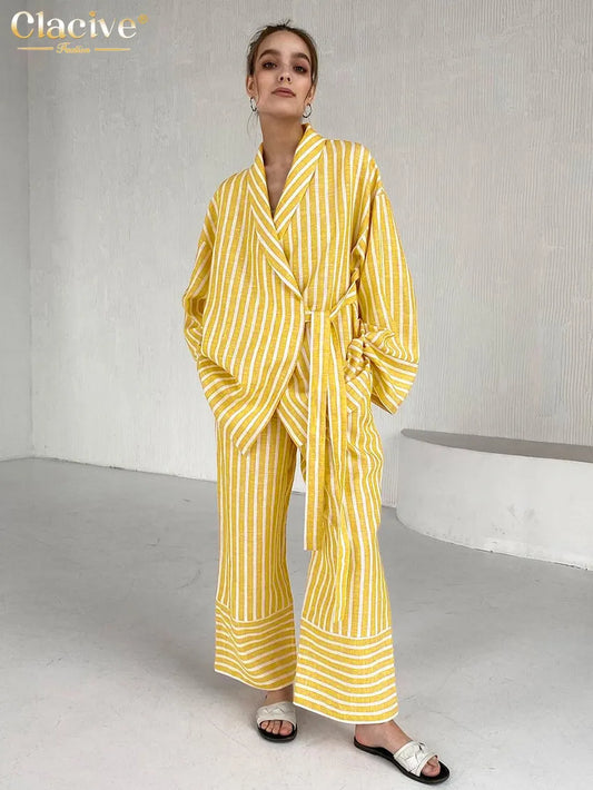 Clacive Casual Yellow Stripe Home Suits Elegant High Waist Wide Pants Set Fashion Long Sleeve Shirts Two Piece Set Women Outfit LUXLIFE BRANDS
