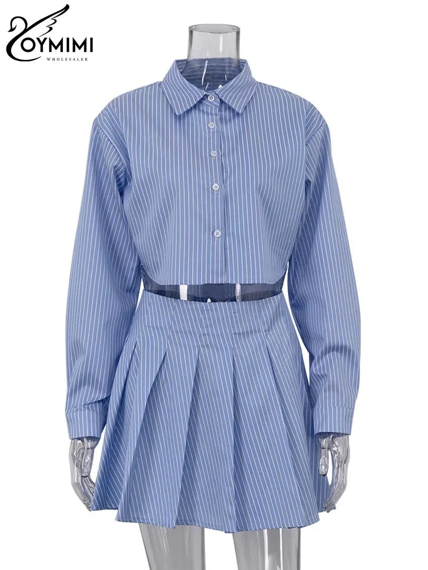 Oymimi Elegant Blue Striped Print Sets For Women 2 Pieces Fashion Long Sleeve Button Crop Tops And High Waist Pleated Skirts Set Luxlife Brands